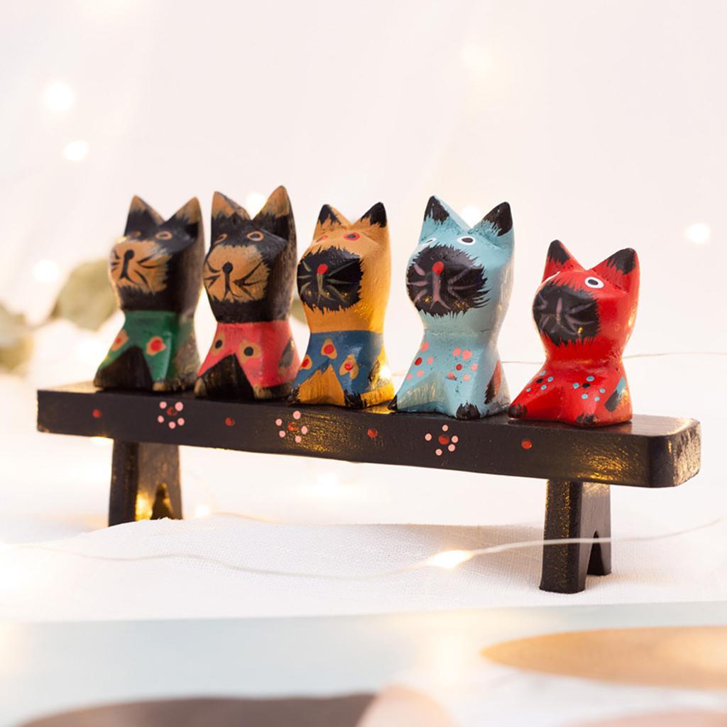 Wooden Cat Figurine Fairy Garden Statue Miniature Cat Figures Ornament Decor
