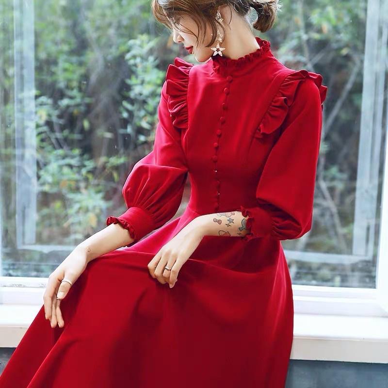 Set áo đầm đôi tình nhân màu đỏ áo sơ mi đầm tiểu thư dài tay đồ cặp Hàn Quốc- đi biển, đi chơi, chụp hình cưới - Smice House