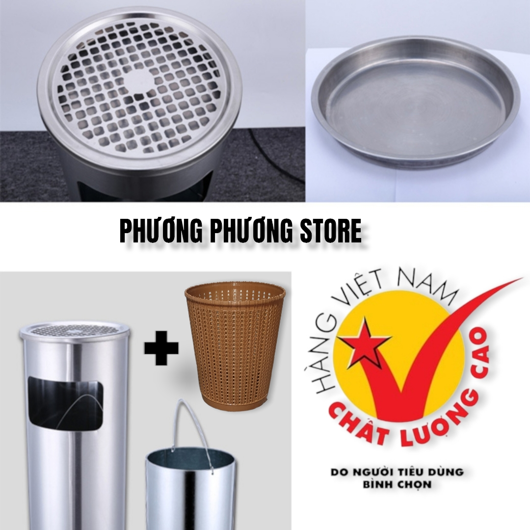 Thùng rác inox tròn, thùng rác inox gạt tàn tròn ( Tặng sọt tròn mây )