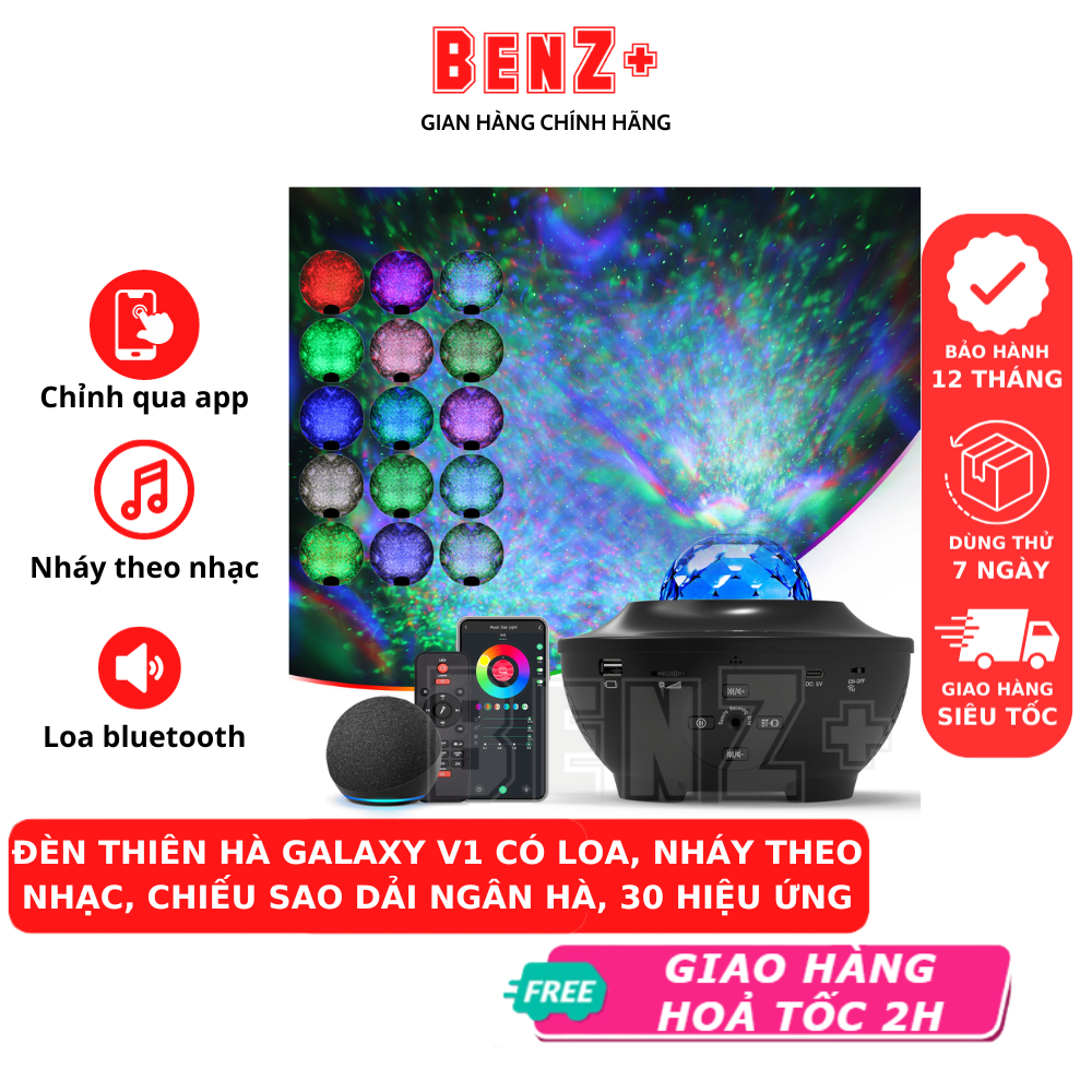 Đèn thiên hà BENZ phiên bản 2023 loa bluetooth chỉnh màu qua App điện thoại mẫu mới nhất, Đèn trôi dải ngân hà, trang trí nghe nhạc giải trí