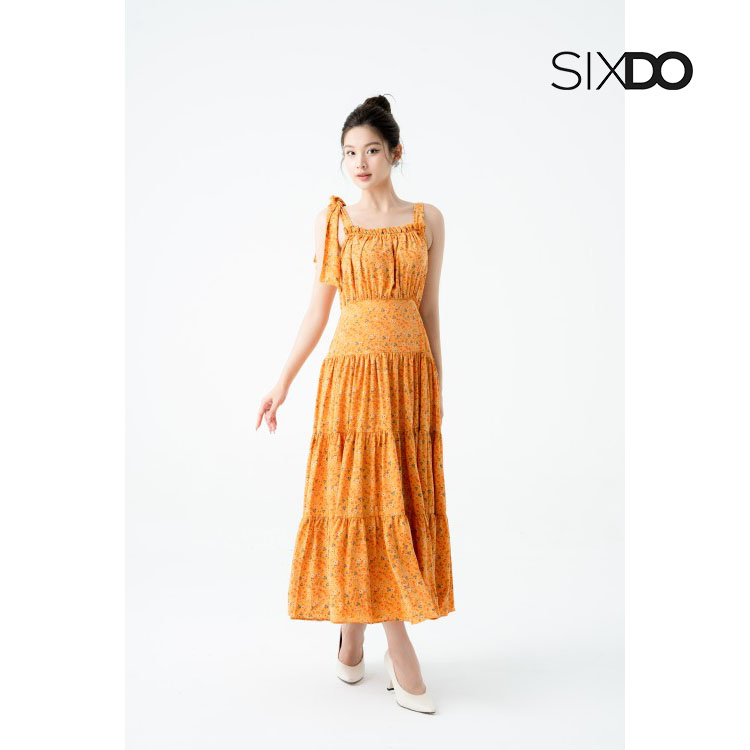 Đầm midi hoa lụa hai dây thắt nơ thời trang SIXDO