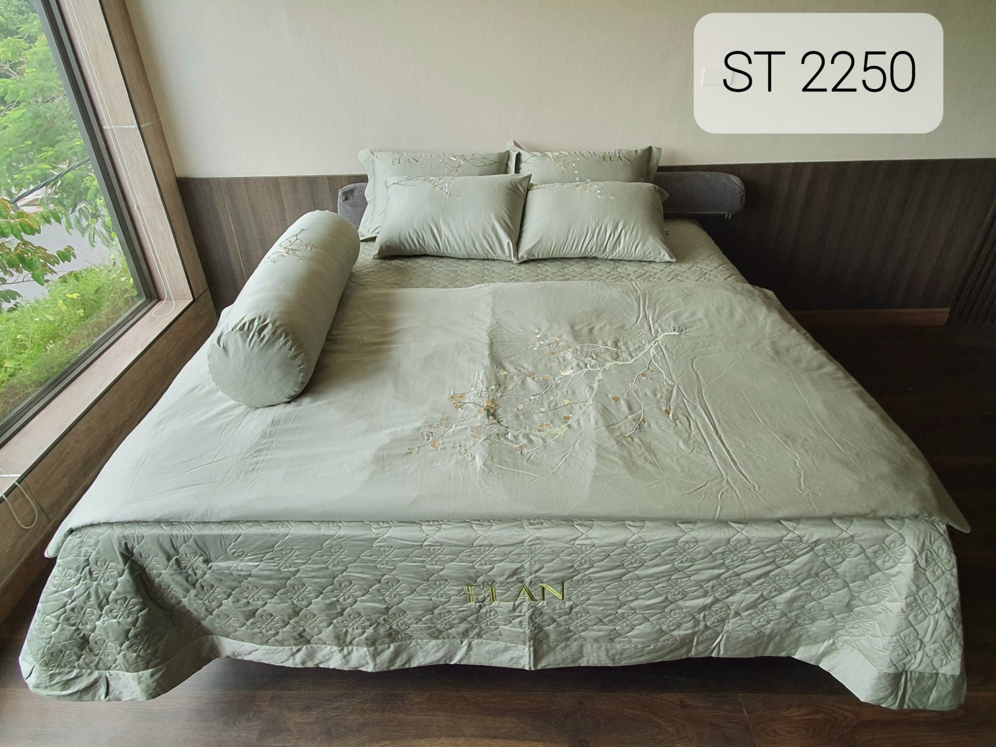 Bộ chăn ga phủ gối 7 món ELan Hàn Quốc cao cấp vải cotton satin DB ST2250 gồm: Ga phủ, chăn chần bông 4 mùa, 4 vỏ gối nằm, 1 vỏ gối ôm