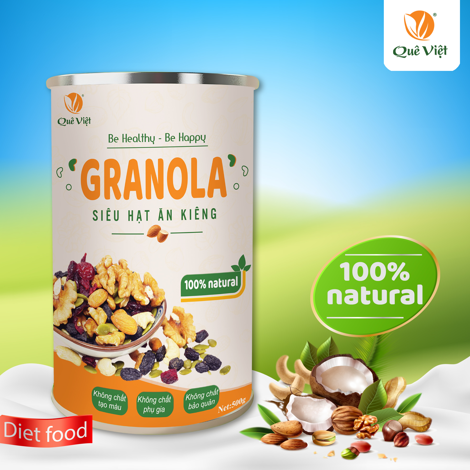 Combo 2 hộp Granola ngũ cốc siêu hạt Quê Việt + tặng 1 cốc gốm sứ bát tràng (500g/hộp)