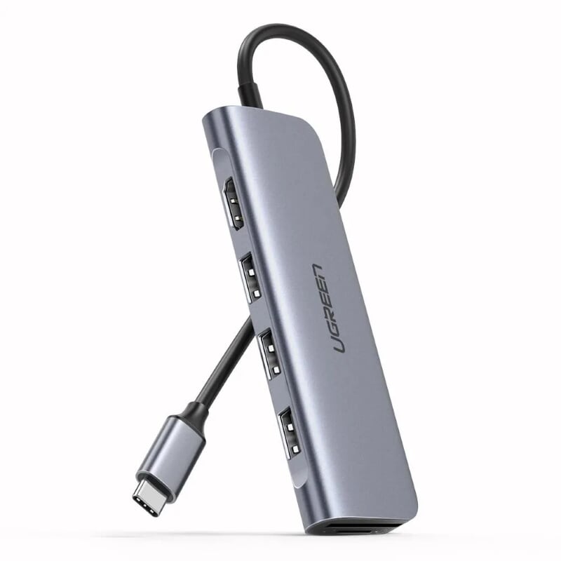 Bộ chuyển đổi USB Type-C sang HDMI + TF/SD + 3 cổng USB 3.0 dài 15CM màu bạc không hỗ trợ PD Ugreen TC70410NW121 hàng chính hãng