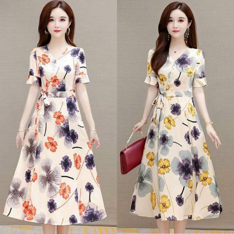HÀNG NHẬP - ĐẦM LỤA HOA CỔ TIM PHỐI NÚT