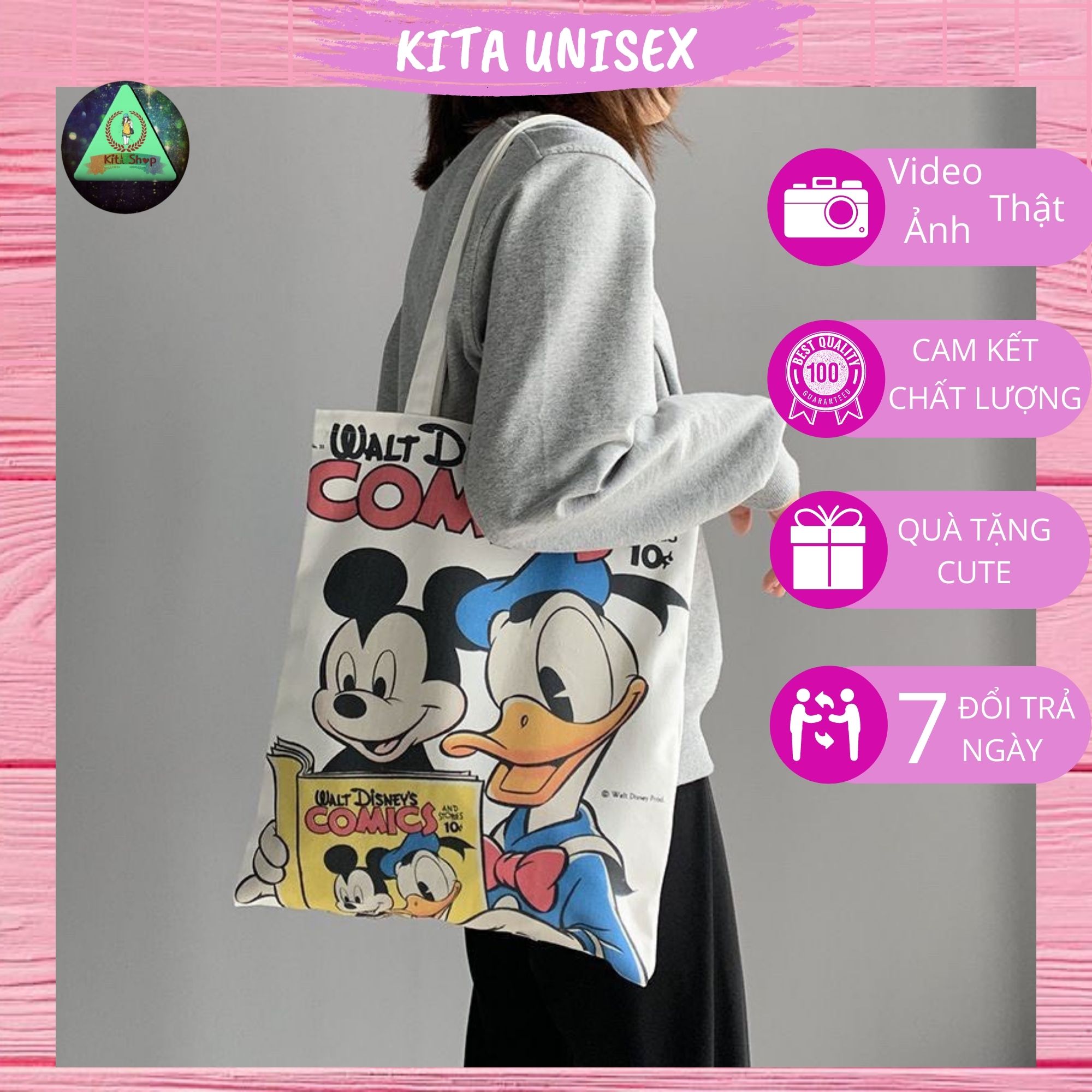 Túi Tote Vải Canvas Nữ Ulzzang Hot Trend Kita Unisex - Mẫu Vịt DoNan Trắng