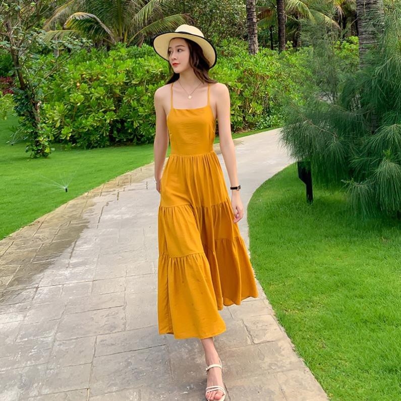 Maxi vàng hai dây đan lưng
