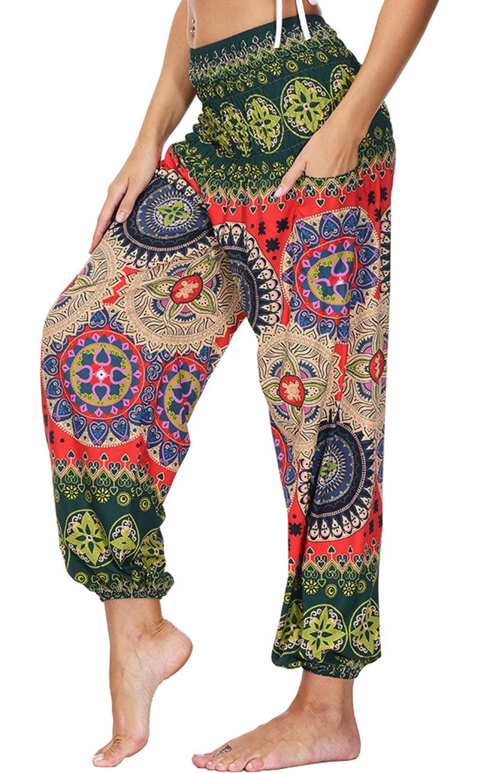 Phụ Nữ Hậu Cung Của Quần Smocked Cao Cấp Bohemian Ấn Độ Tập Yoga Rời Boho Hippie Quần Có Túi