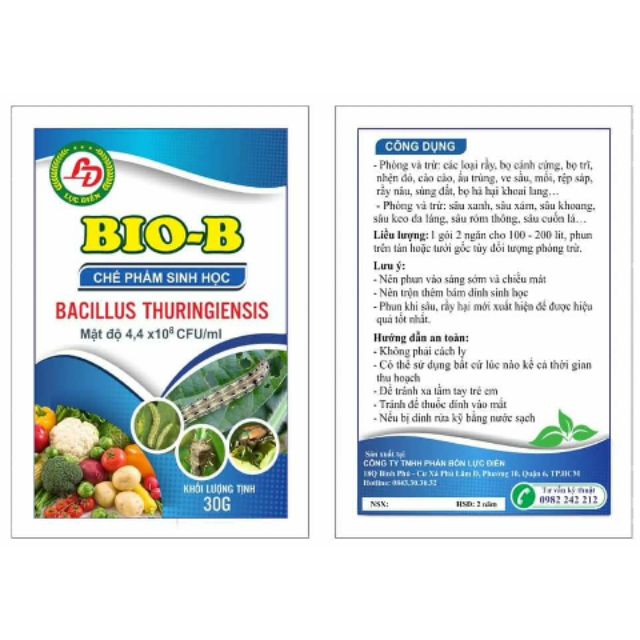 Chế Phẩm Sinh Học Bio-B Bacillus Thuringiensis Phòng Trừ Sâu Ăn Lá, Bọ Trĩ, Nhên Đỏ, Rệp - Gói 30g VTNN Nông Điền Trang