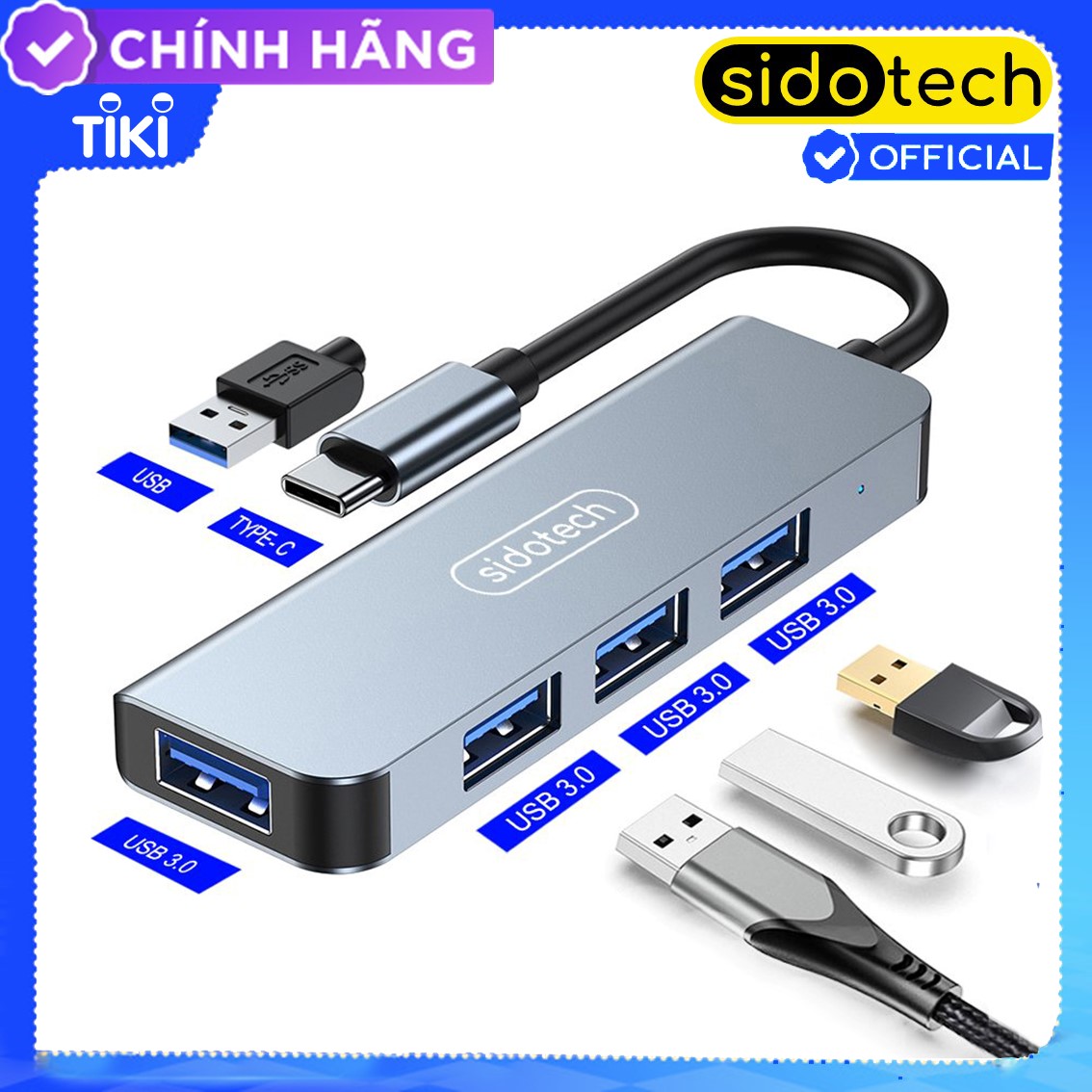 HUB Type C và HUB USB 3.0 tốc độ cao 4 in 1 Sidotech bộ chia cổng usb mở rộng kết nối chuyển đổi cho Macbook Pro Laptop PC máy tính hỗ trợ sạc pin kết nối đa năng ổ cứng bàn phím chuột máy in, thiết bị ổ chia usb - Hàng chính hãng