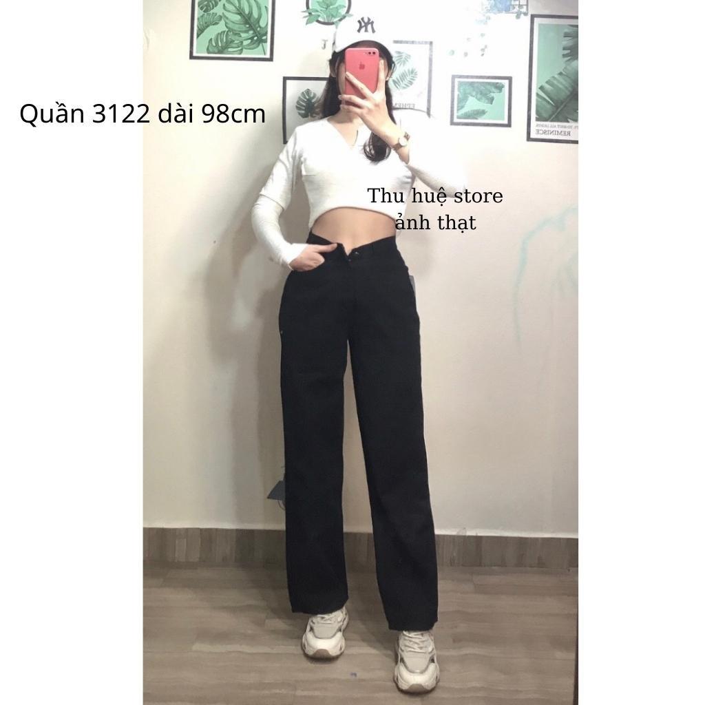 Quần Jean Nữ Ống Rộng Cạp Cao Màu Đen Chuẩn Uniex