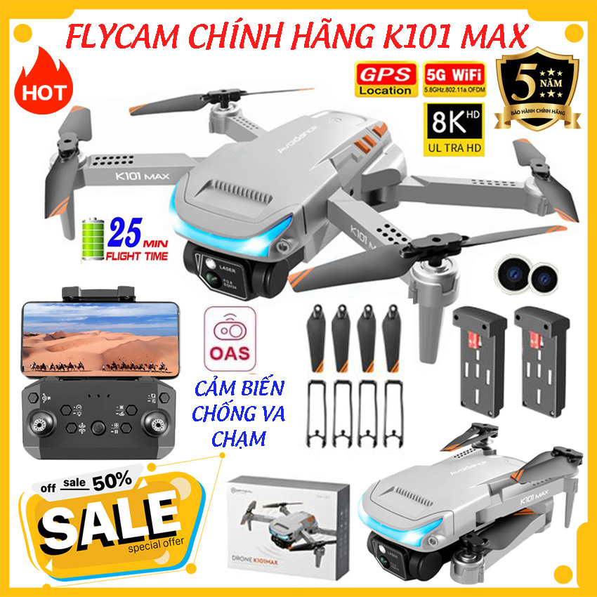 Flycam 4K K101 Max Tránh Vật Cản, Định Vị G.P.S, Máy Bay Không Người Lái 4 Cánh Điều Khiển Từ Xa Camera Kép 5G