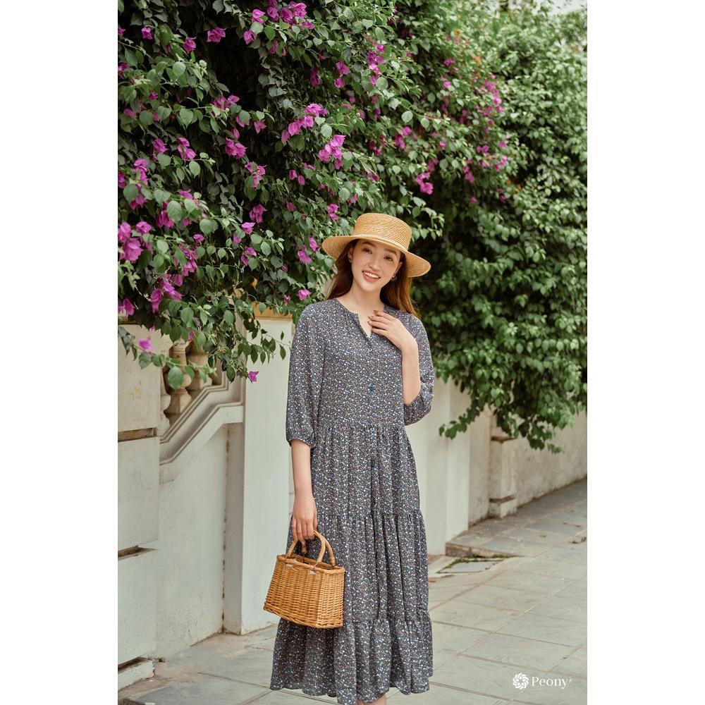 Váy suông, 3 tầng hoa nhí vintage, tay lỡ thoải mái, có dây buộc sau tạo eo, chất liệu lụa cao cấp Peony - STELLA DRESS