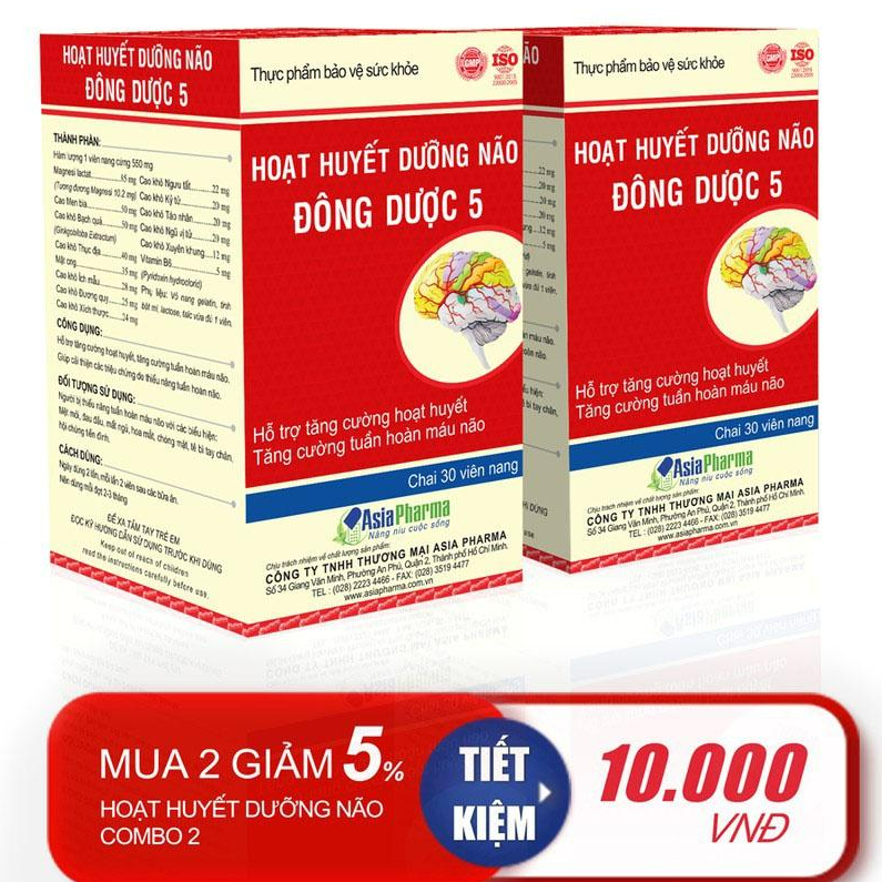 Viên uống hoạt huyết dưỡng não Đông Dược 5 Asia Pharma hỗ trợ thiểu năng tuần hoàn não - Hộp 30 viên