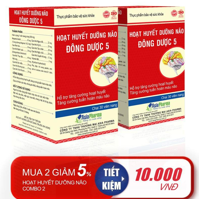 [2 HỘP] Viên uống hoạt huyết dưỡng não Đông Dược 5 Asia Pharma hỗ trợ thiểu năng tuần hoàn não - Hộp 30 viên