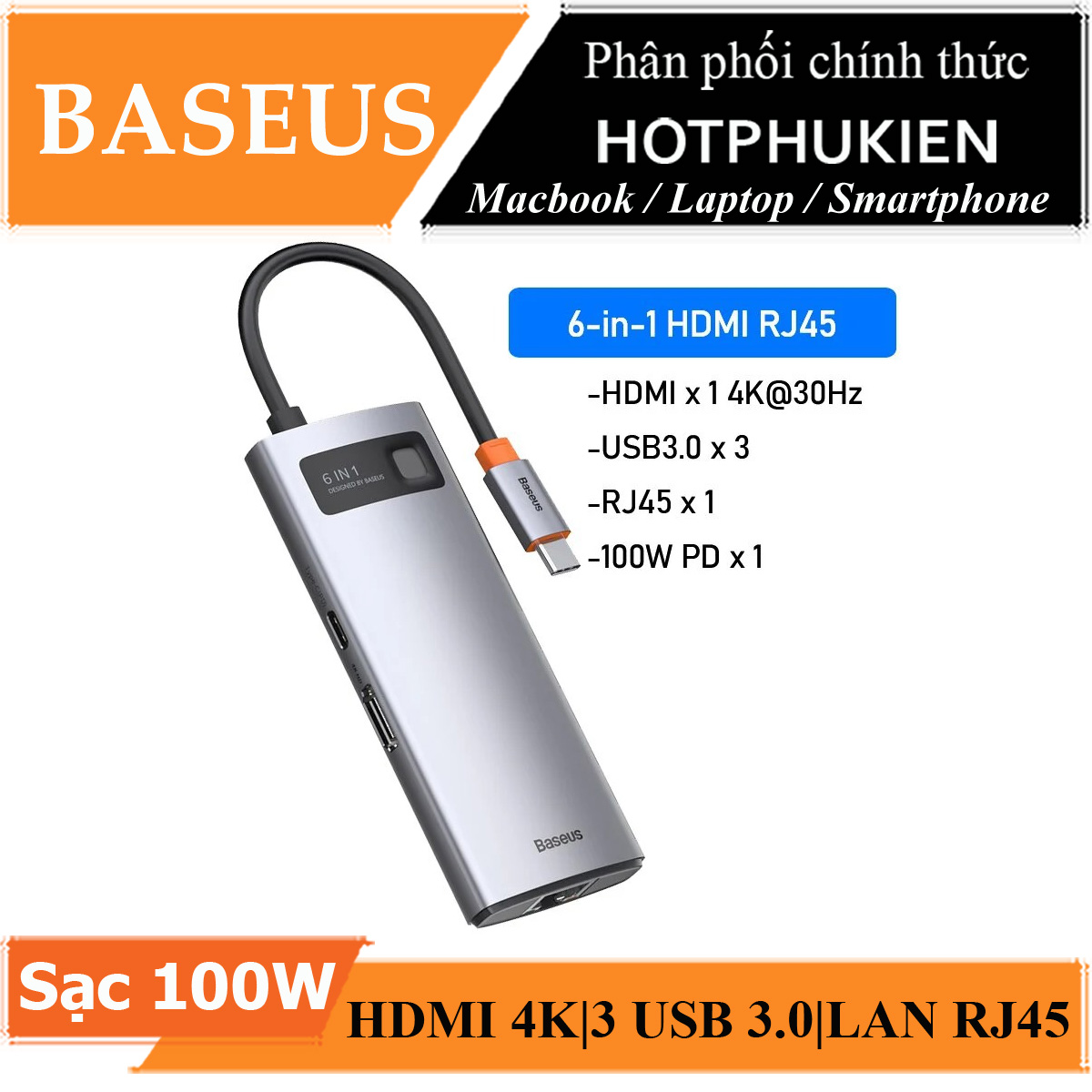 Hub chuyển đổi USB Type-C 6 in 1 sạc nhanh 100W ra 3 cổng USB 3.0, LAN RJ45, HDMI 4K hiệu Baseus Metal Gleam Series sạc nhanh chuẩn PD 3.0 cho Macbook / Laptop - hàng nhập khẩu