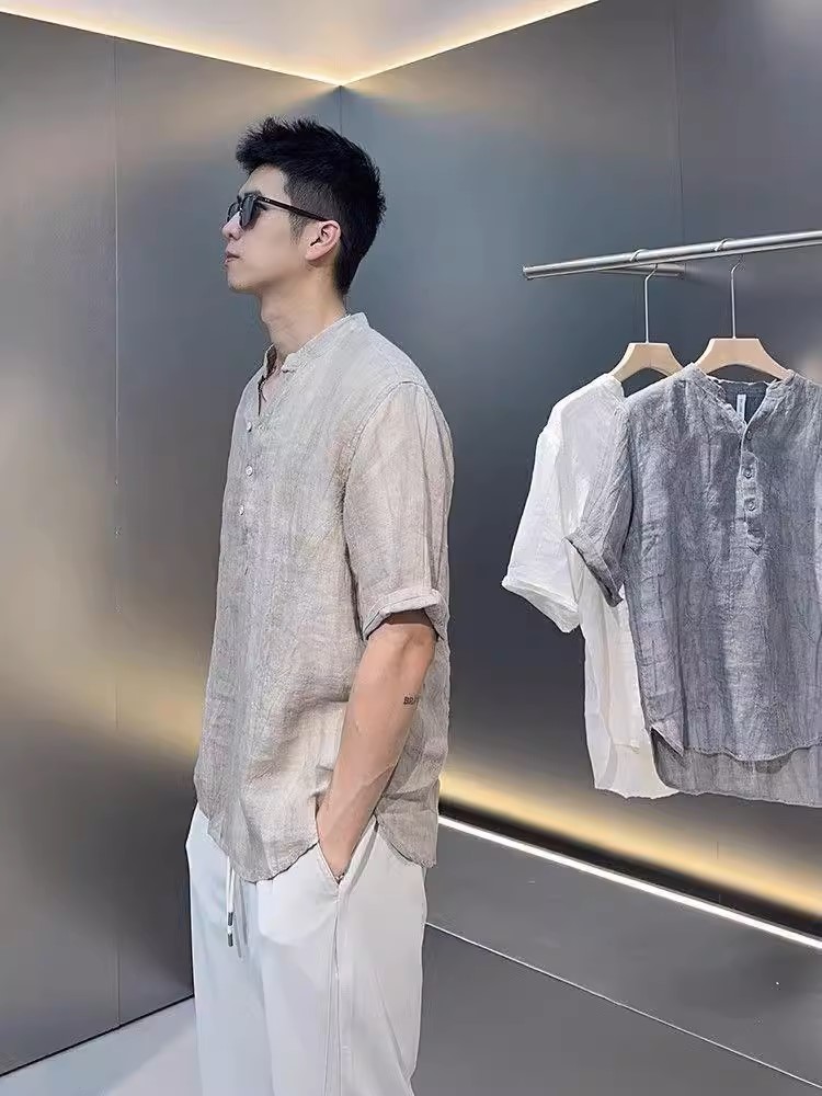 Áo sơ mi đũi trơn ngắn tay nam phối cúc đơn giản tinh tế, thanh lịch