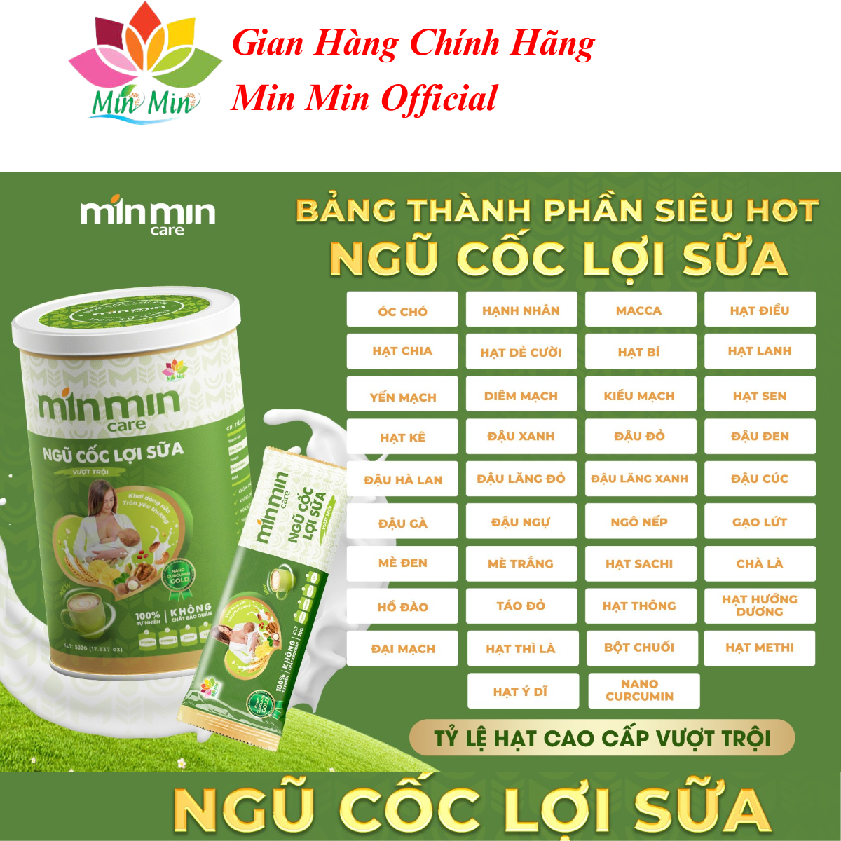 Ngũ Cốc Lợi Sữa Min Min 38 Hạt Nanocurcumin Combo 10 Hộp 5kg