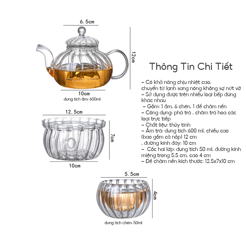 Bộ Ấm Pha Trà Thủy Tinh 6 Chén Chịu Nhiệt Có Lõi Lọc - PH668