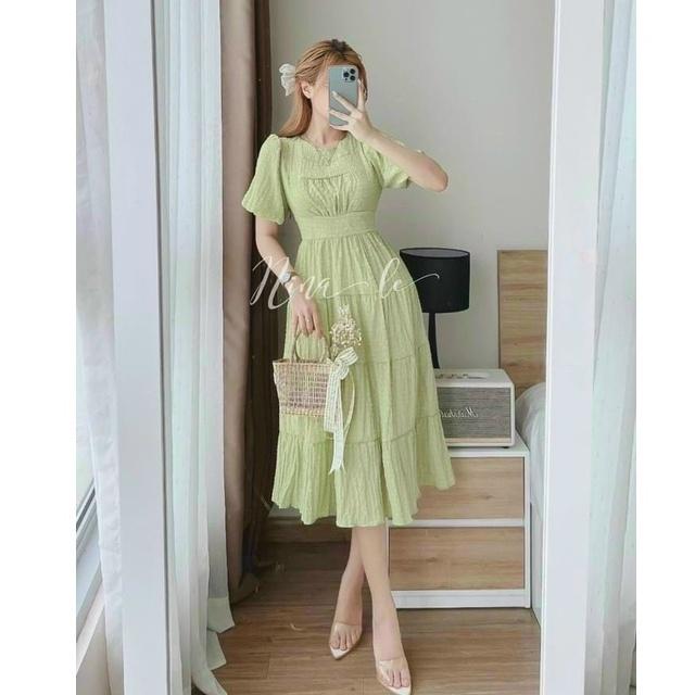 Đầm xoè tiểu thư cổ tròn nhún tầng siêu xinh