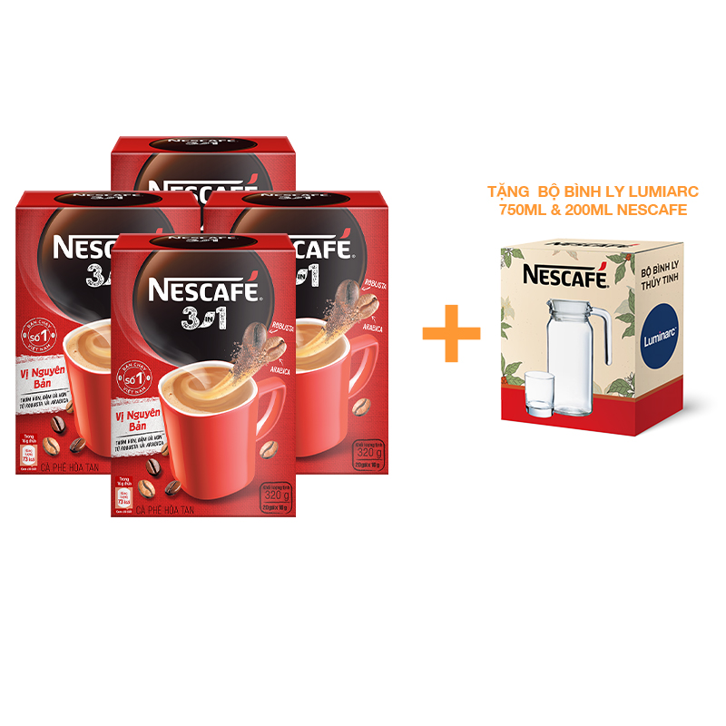 [Tặng Bộ bình ly Lumiarc 750ml & 200ml NESCAFE] Combo 4 Hộp NESCAFÉ 3IN1 Công thức cải tiến - VỊ NGUYÊN BẢN Hộp 20 gói