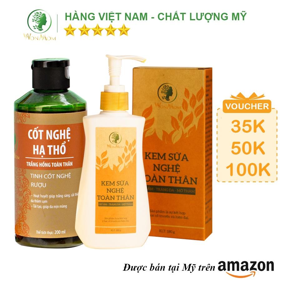 Bộ dưỡng trắng da body cho mẹ sau sinh Wonmom ( 1 kem sữa nghệ toàn thân + 1 cốt nghệ)