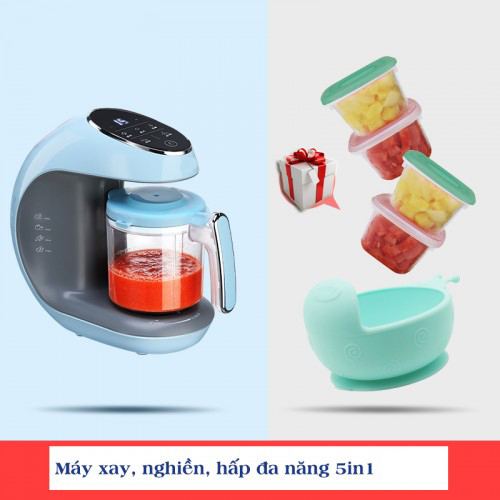 Máy xay hấp nghiền thức ăn  đa năng 5in1 tặng kèm hộp và bác ăn cho bé (HBB-I0201 xanh)