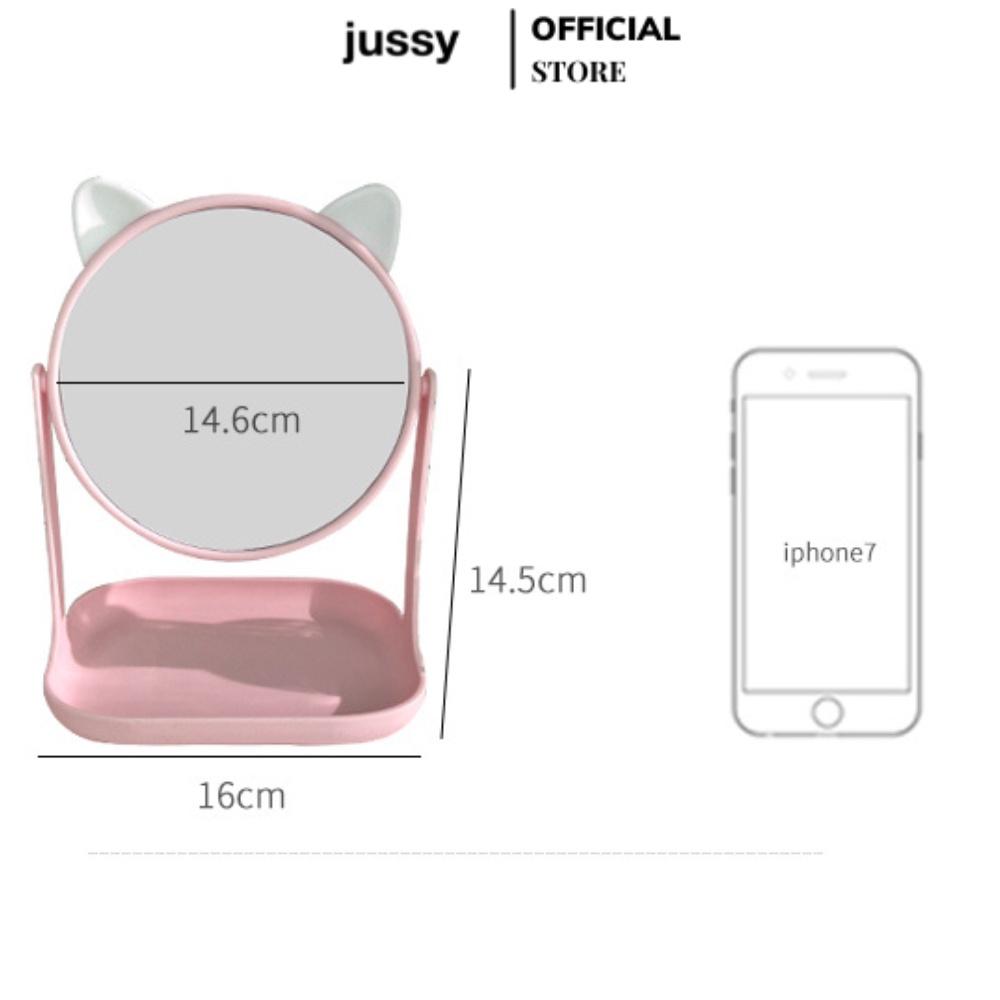 Gương Trang Điểm Mini Để Bàn Jussy Fashion Kiểu Gương Soi Kèm Khay Đựng Trang Sức Tiện Lợi Xoay 360 Độ Kt 15x23cm