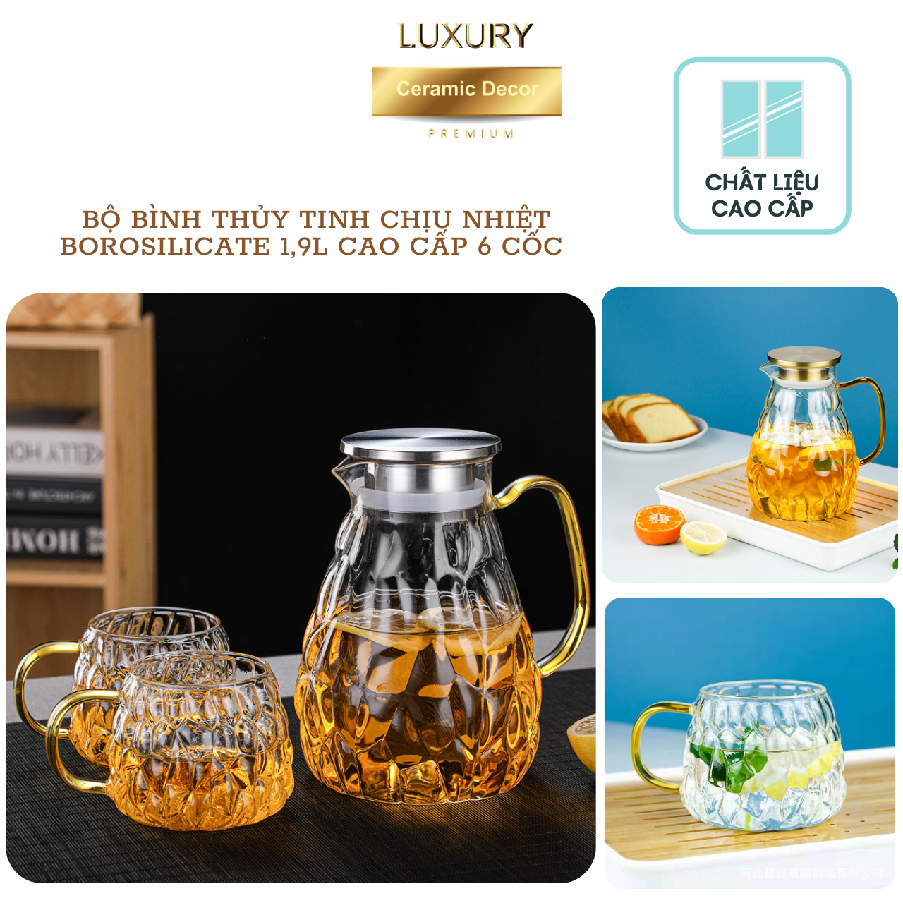 Bộ Bình Thủy Tinh Chịu Nhiệt Borosilicate 1,9L Cao Cấp Gồm 6 Sets Đun Được Bếp Gas, Bếp Từ DECOR LUXURY - Hàng Nhập Khẩu