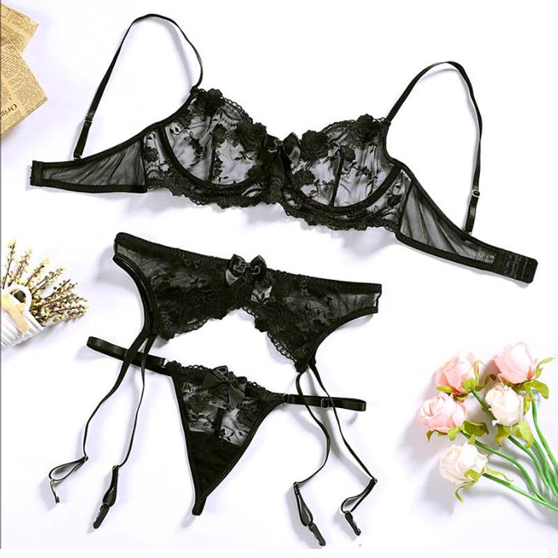 Áo Ren Hoa Thêu Áo Lót Bộ Áo Lót Ren Mỏng Push Up Bra Áo Ngực + Garters + Thông Bộ 3 xem Qua Đồ Lót Màu Đen