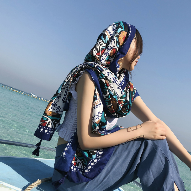 Khăn Choàng Boho Đi Biển, Khăn Quàng Cổ Họa Tiết Thổ Cẩm Mỏng Nhẹ