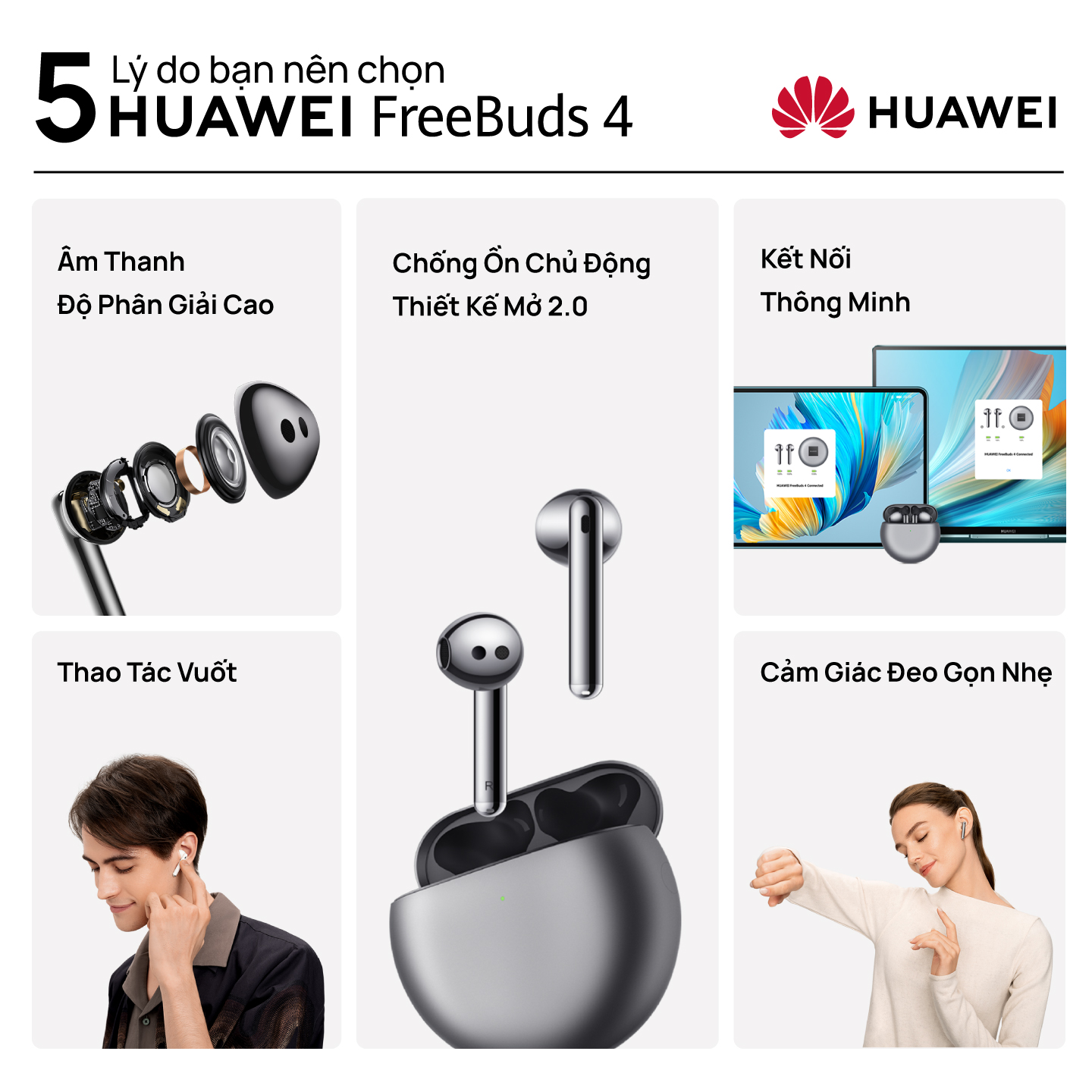 Tai Nghe Bluetooth HUAWEI FreeBuds 4 | Chống Ồn Chủ Động Thiết Kế Mở 2.0 | Thiết Kế Gọn Nhẹ | Âm Thanh Độ Phân Giải Cao | Hàng Chính Hãng