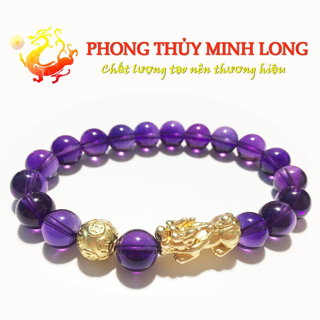 Vòng tay đá. thach anh Tím chất lượng 5A mix Tỳ Hưu và 1 Hạt Kim Tiền Vàng hợp mệnh Hỏa và Thổ