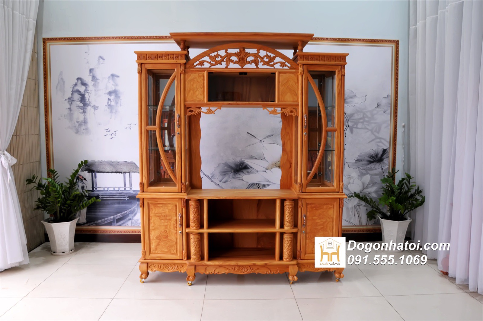 Kệ Tivi Bằng Gõ Đỏ Ngăn Phòng Khách Và Bếp Đẹp 2m, 2m2, 2m4 - TR634