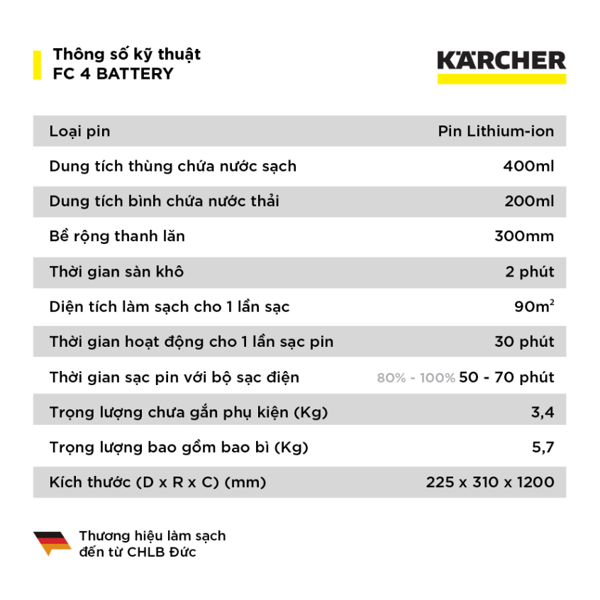 (Sản xuất Châu Âu) Máy lau sàn đa năng Karcher FC 4 Battery - Lau sàn 2 trong 1 nhanh chóng, phù hợp diện tích 90m2 - Hàng Chính Hãng