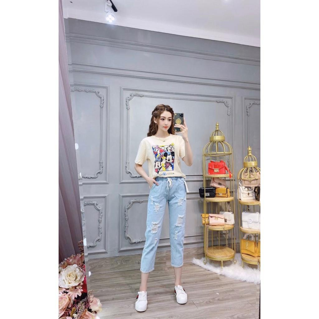 Quần jeans baggy rách dáng lửng ống xăn lai cao cấp màu xanh nhạt xanh đậm