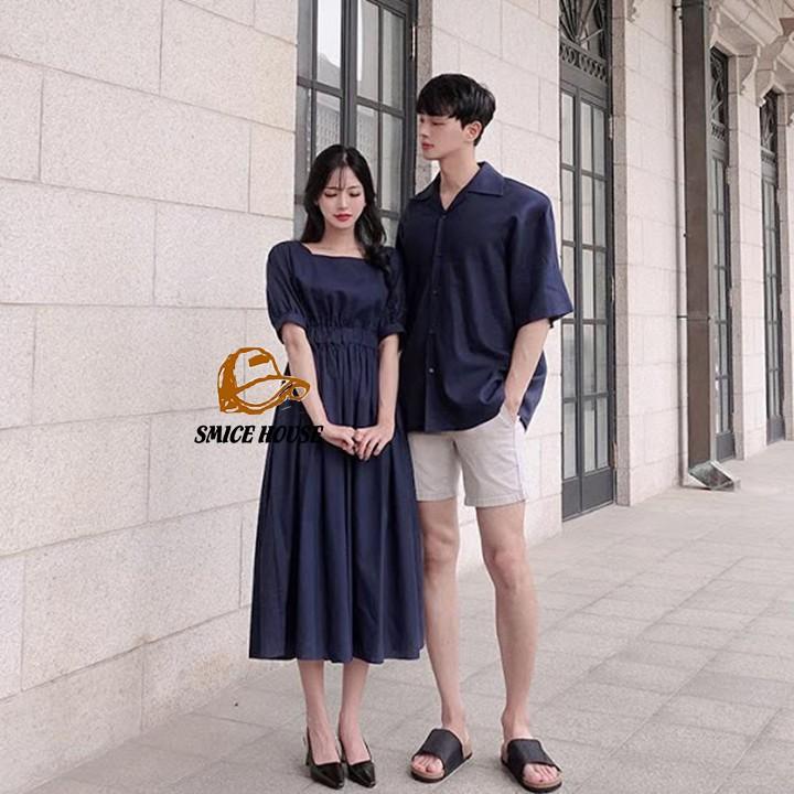 SET ĐỒ CẶP NAM NỮ, ÁO ĐÔI ĐẦM XÒE VÀ ÁO SƠ MI NAM DÀNH ĐỂ ĐI DU LỊCH CHỤP HÌNH CƯỚI ĐI BIỂN 2 MÀU XANH ĐỎ - SMICE HOUSE
