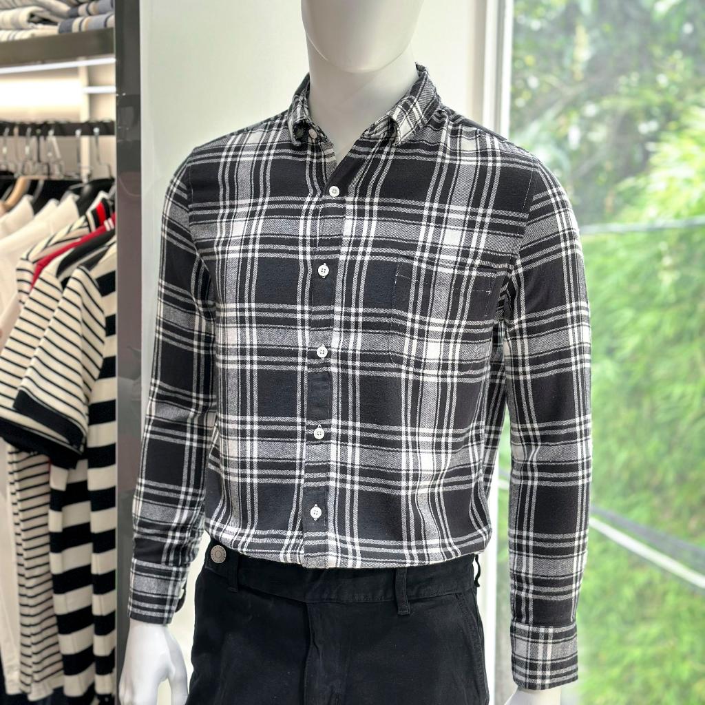 Áo Sơ Mi Nam Dài Tay Phối Sọc BY COTTON Caro Lớn Trắng Đen