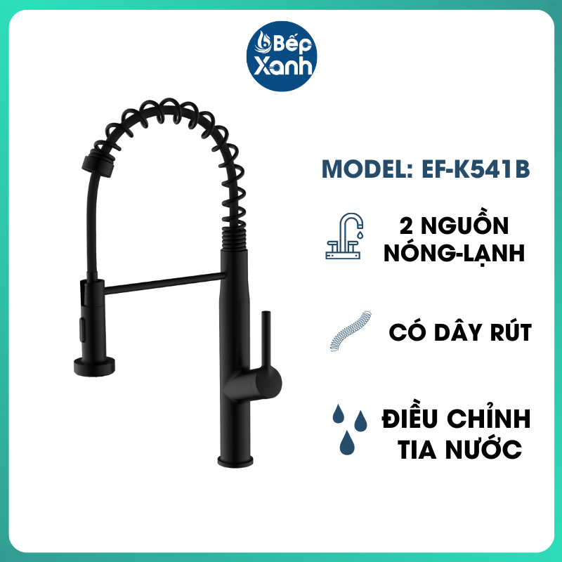 Vòi Rửa Chén Nóng Lạnh Ecalite EF-K541B - Có Dây Rút - Điều Chỉnh Tia Nước - Đồng Thau Sơn Đen - Hàng Chính Hãng