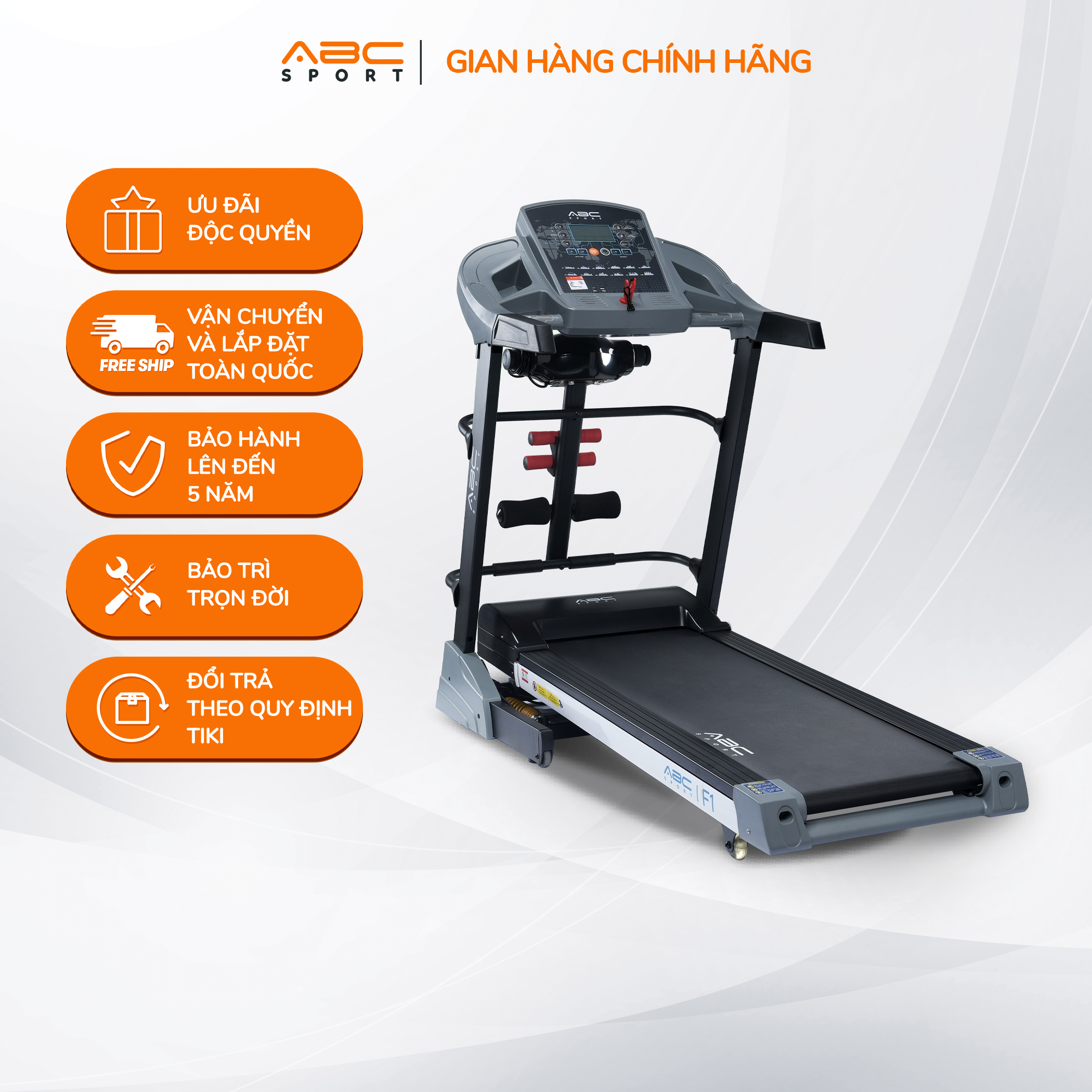 Máy chạy bộ đa năng ABCSport F1, tải trọng tối đa 120kg, nâng dốc tự động đến 18%, hệ thống giảm xóc hiện đại, vùng chạy rộng bức tốc tới 14km/h