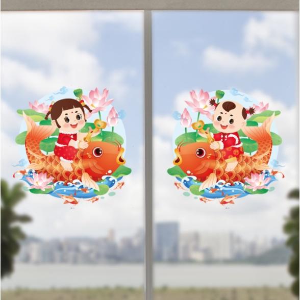 Decal hít tĩnh điện trang trí dán tết - BÉ TRAI BÉ GÁI CƯỠI CÁ CHÉP