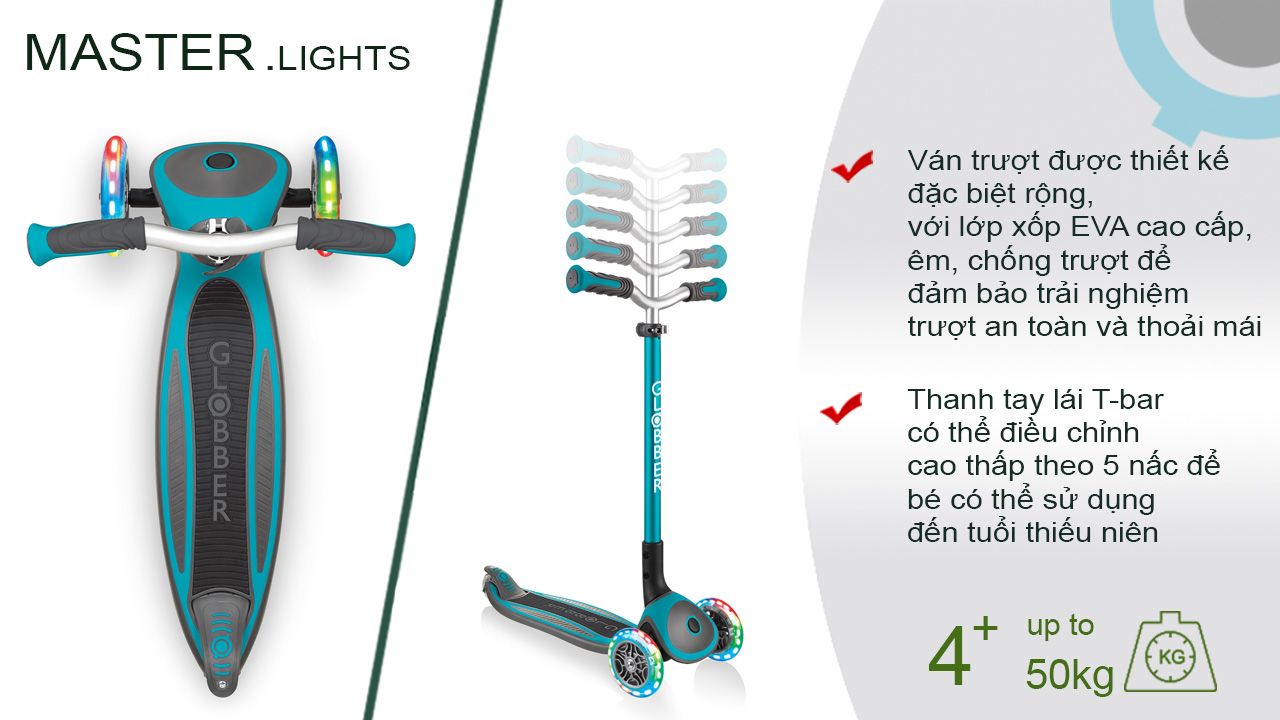 Xe Trượt Scooter 3 Bánh GLOBBER MASTER LIGHTS Cho Trẻ Em Từ 4 Đến 14 Tuổi - Xanh Cổ Vịt