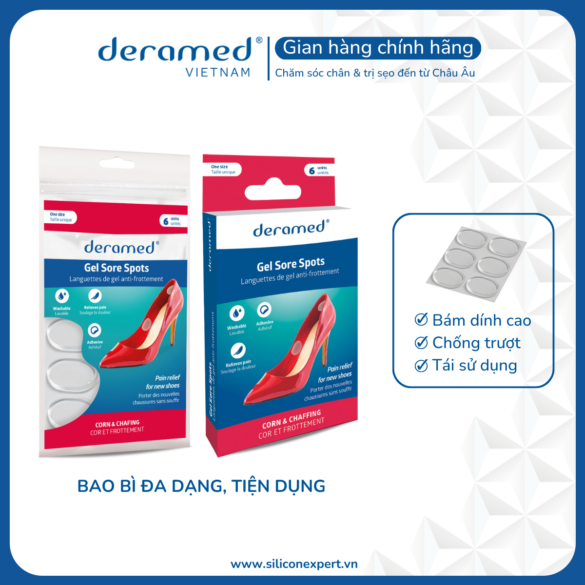 ĐỆM DÁN GIẢM ĐAU MỎI CHÂN ĐA ĐIỂM DERAMED SIÊU ÊM ÁI VÀ ĐA DỤNG - 6 MIẾNG CÓ THỂ TÁI SỬ DỤNG - SẢN XUẤT TẠI TÂY BAN NHA