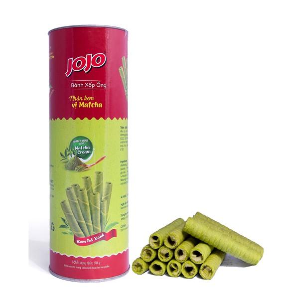 BÁNH XỐP ỐNG JOJO NHÂN KEM VỊ MATCHA LON 90G