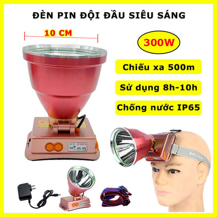 Đèn pin đội đầu 1 bóng 300W siêu sáng chiếu xa 500m, pin trâu 8-10h, chống nước IPX6, đèn Led đeo trán