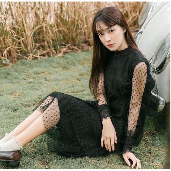 Đầm Ulzzang chấm bi suông đen