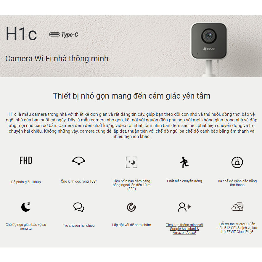 [[MẪU NÂNG CẤP] Camera Wi-fi EZVIZ H1C/C1HC Trong Nhà, FHD 1080P, Góc Rộng Cố Định, Đàm Thoại Hai Chiều, Nén Video H265 - Hàng Chính Hãng