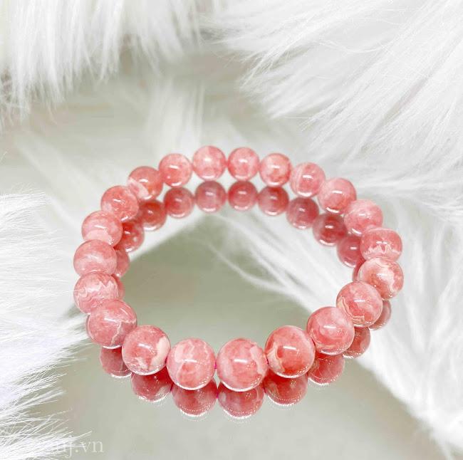 Lắc tay phong thuỷ đá đào hoa rhodochrosite thiên nhiên size 9ly giấy kiểm định SJC