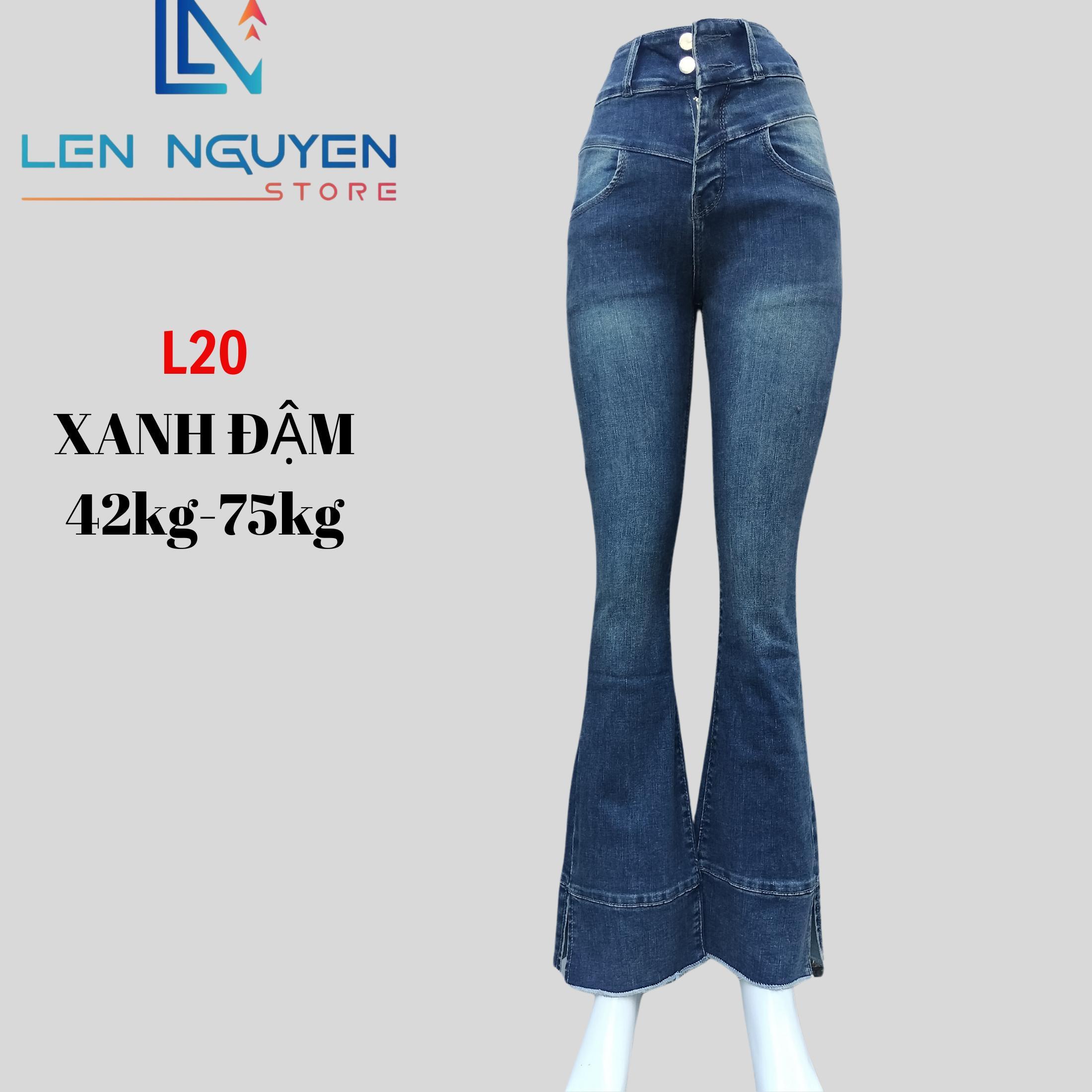 L20_ Quần Jean Nữ Loe Dài 95cm - 97cm thiết kế Thêu, QUẦN JEAN (BÒ) LOE (VẪY)  - Xanh Đậm
