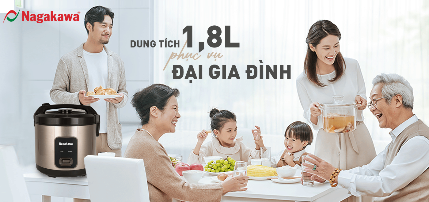 Nồi cơm điện cơ Nagakawa NAG0146 (1,8L - 900W) - Lòng nồi hợp kim nhôm - Bảo hành 1 năm - Hàng chính hãng